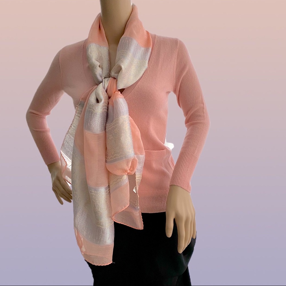 Pink Peach Sheer Silver Stripe Silk Scarf Wrap Shawl Silk Blend
